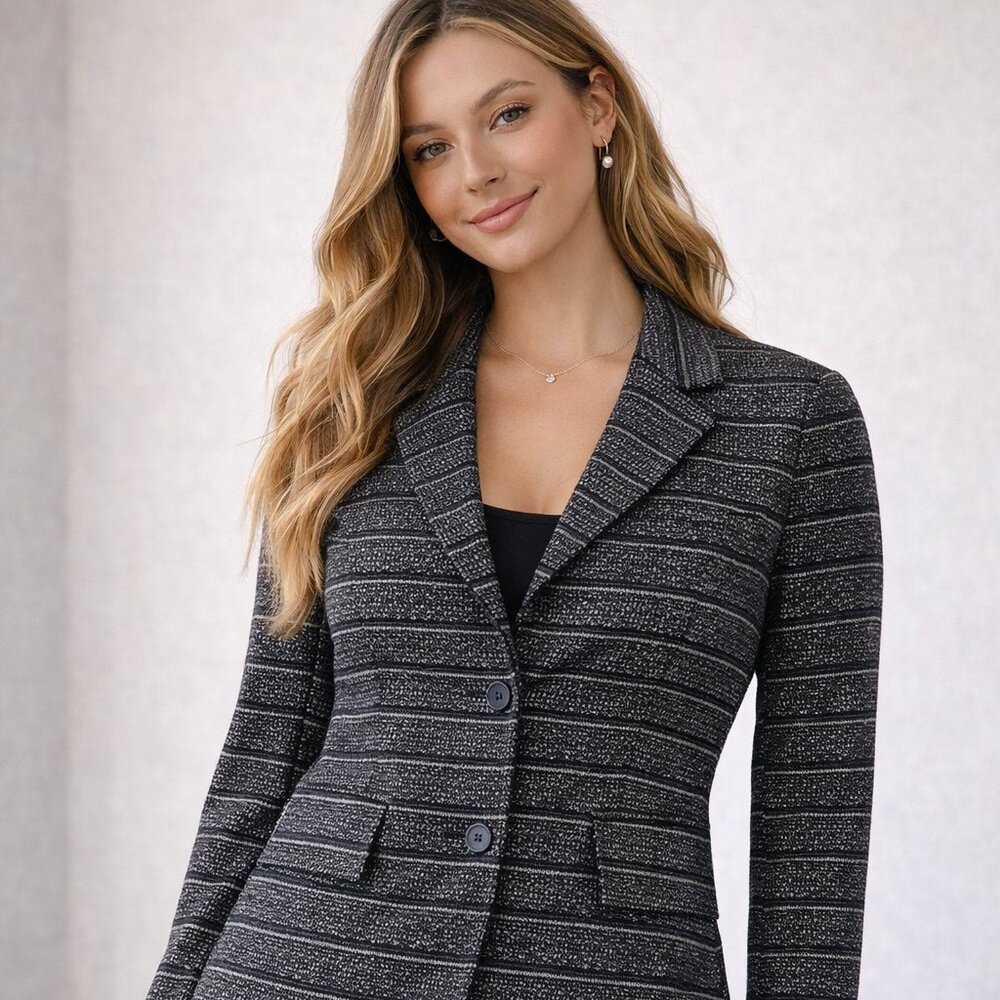 Lucky Brand Black Textured Striped Blazer Jacket Women’s Size 2 Button Front